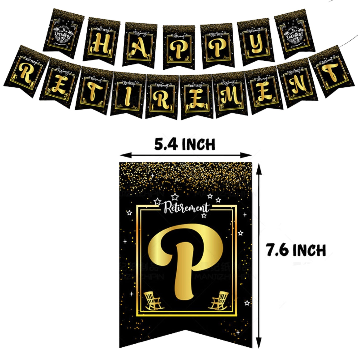 Happy Retirement Party Decorations Tableware Vacation Set - Black and Gold - Banners, cake toppers, and balloons