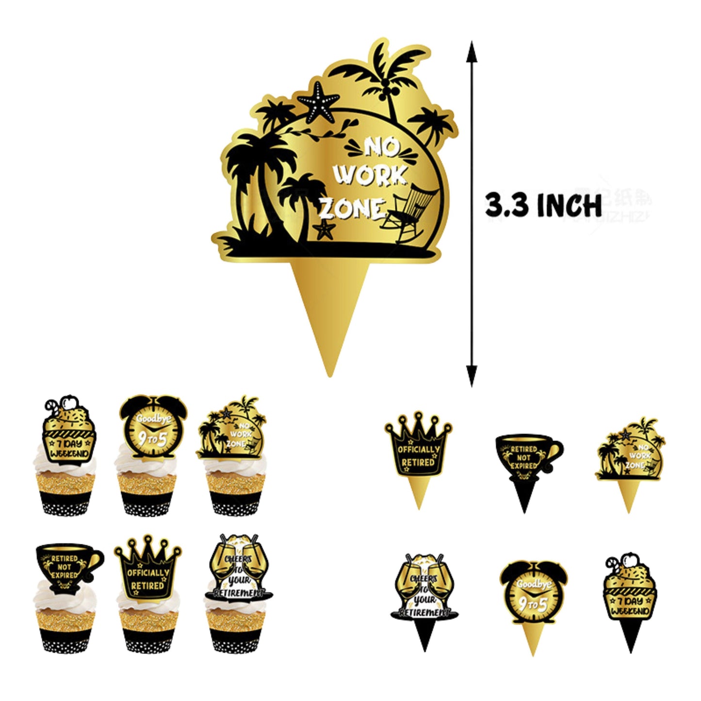 Retirement Party Decorations Tableware Vacation Set Combo 1 - Limited Edition - Black and Gold Backdrop, table cloth, plates, cake toppers