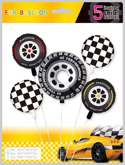 Car Racing Themed  Balloons Set of 5 Balloons - JUMBO Size 18'' - Checkerboard - Tire Balloons - Car Party- Birthday Deco - Helium Supported