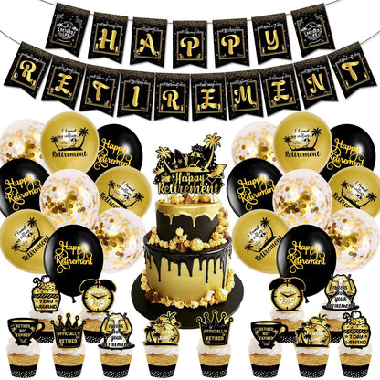 Happy Retirement Party Decorations Tableware Vacation Set - Black and Gold - Banners, cake toppers, and balloons