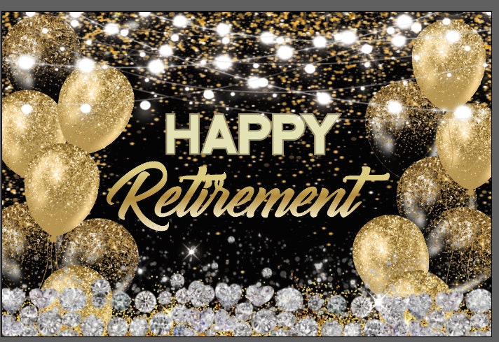 Retirement Party Decorations Tableware Vacation Set Combo 1 - Limited Edition - Black and Gold Backdrop, table cloth, plates, cake toppers