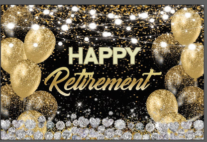 Retirement Party Decorations Tableware Vacation Set Combo 1 - Limited Edition - Black and Gold Backdrop, table cloth, plates, cake toppers