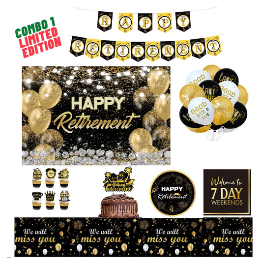 Retirement Party Decorations Tableware Vacation Set Combo 1 - Limited Edition - Black and Gold Backdrop, table cloth, plates, cake toppers