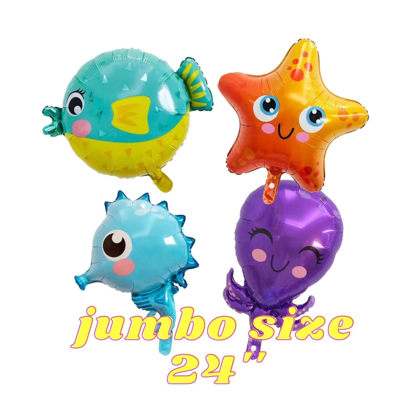 Sea Animals Balloons Set -  4 pcs - JUMBO 24''- Seahorse, Sea star, octopus, see animals balloons - Ocean Themed Birthday Balloons