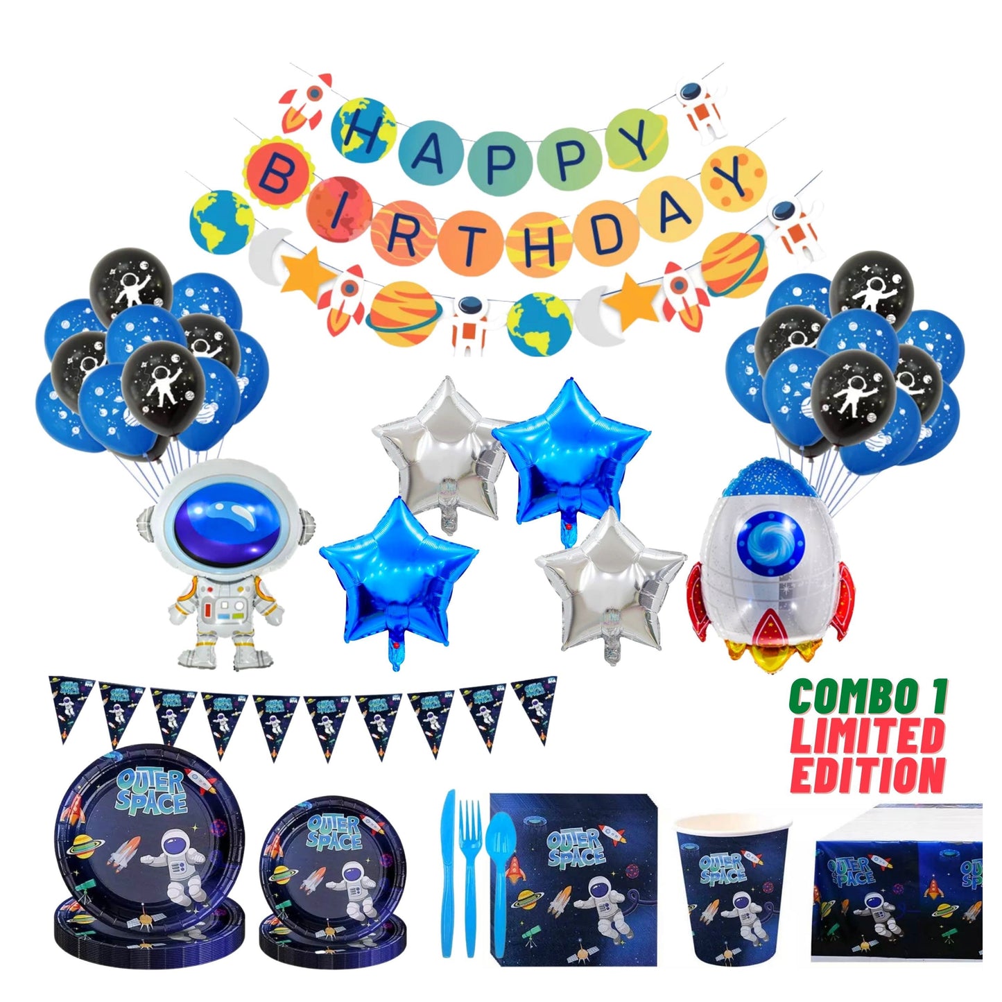 Astronaut Planets Rockets Birthday Tableware Set - Space Birthday Theme Decoration - Party Decoration UFO Spaceshift Cake Topper