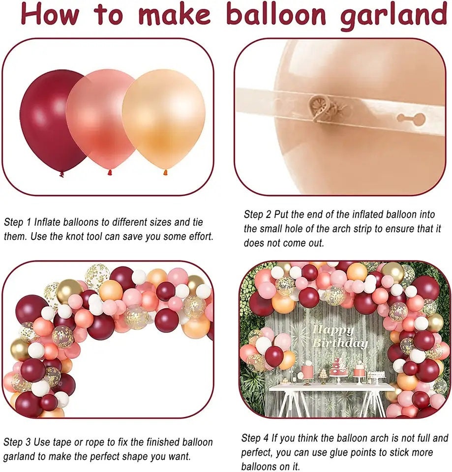 Elegant Wine, Hot Pink & Gold Balloon Garland DIY Kit - 10 Feet Length Garland - Wine and Hot Pink Metallic Golden Confetti Latex Balloons