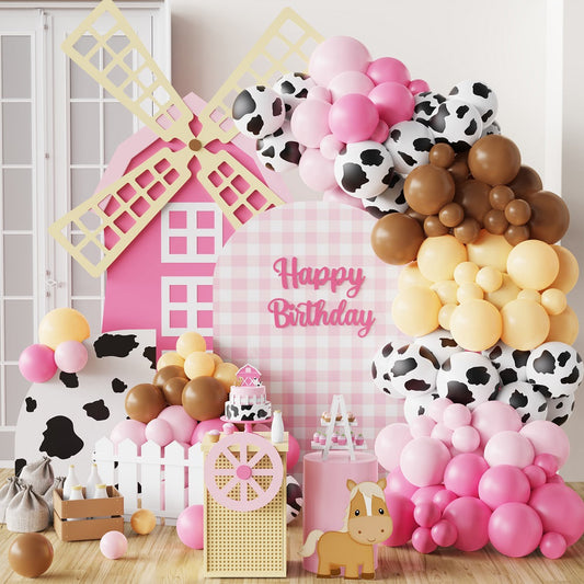 Cow Theme Balloon Garland - Moo Moo, I'm Two Cow - Farm Pink Cream Brown Balloons - Old McDonald Theme Party - Baby Shower - First Birthday