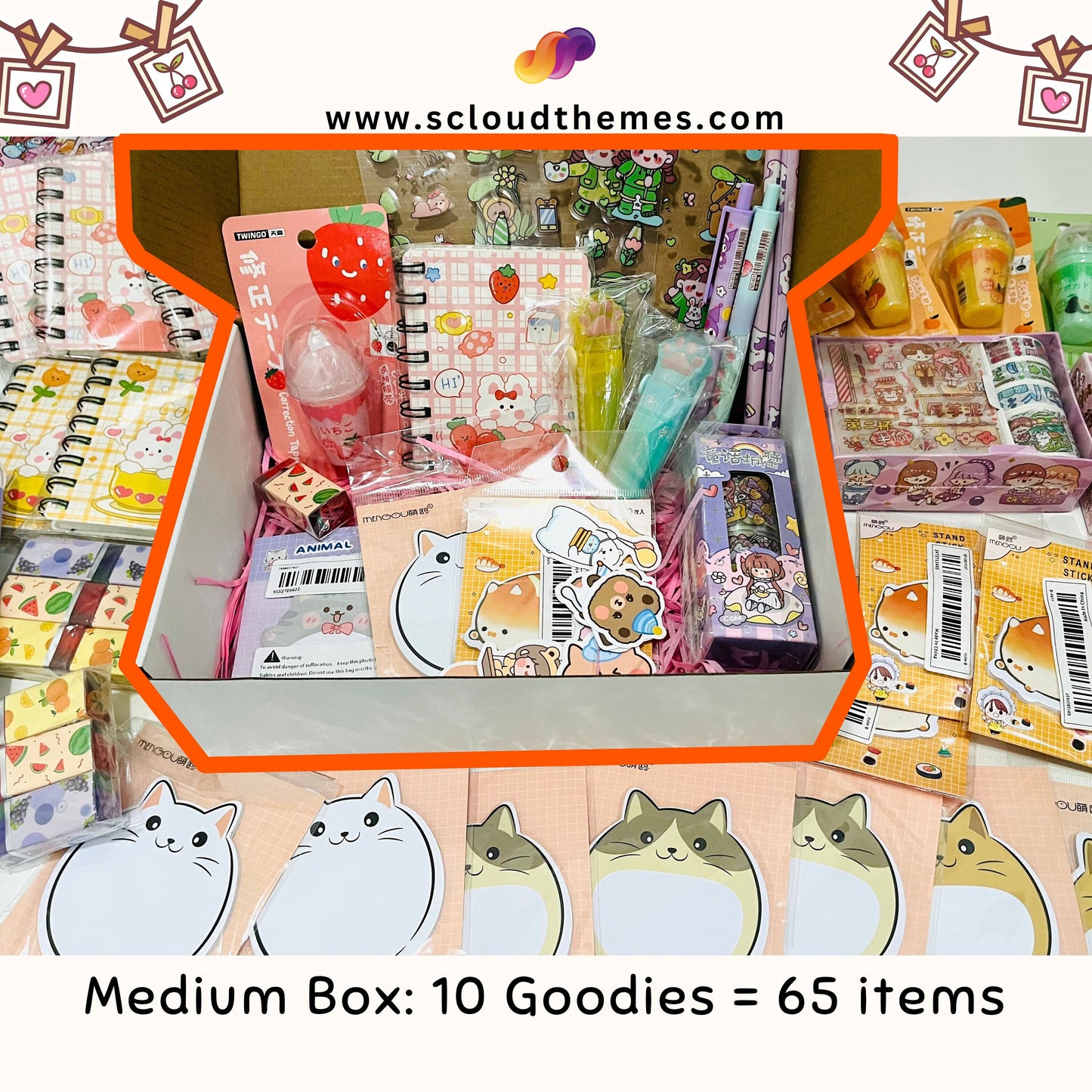 Stationery Gift Box Bundle |  Kawaii Notebooks, Washi Tape, Sticky Notes, Stickers, Pens, Pencils, Erasers, Whiteout, Memo | Gift for her