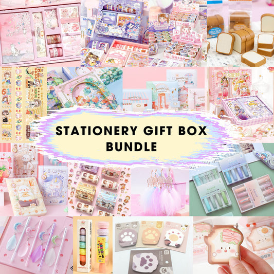 Kawaii Stationery Gift Box Bundle |  Mystery Box of Notebooks, Washi Tape, Sticky Notes, Stickers, Pens, Pencils, Erasers, Whiteout, Memo