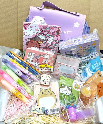 Kawaii Cat Stationery Gift Box Bundle | Preset Box of Notebooks, Washi Tape, Sticky Notes, Stickers, Pens, Pencils, Erasers, Whiteout, Memo