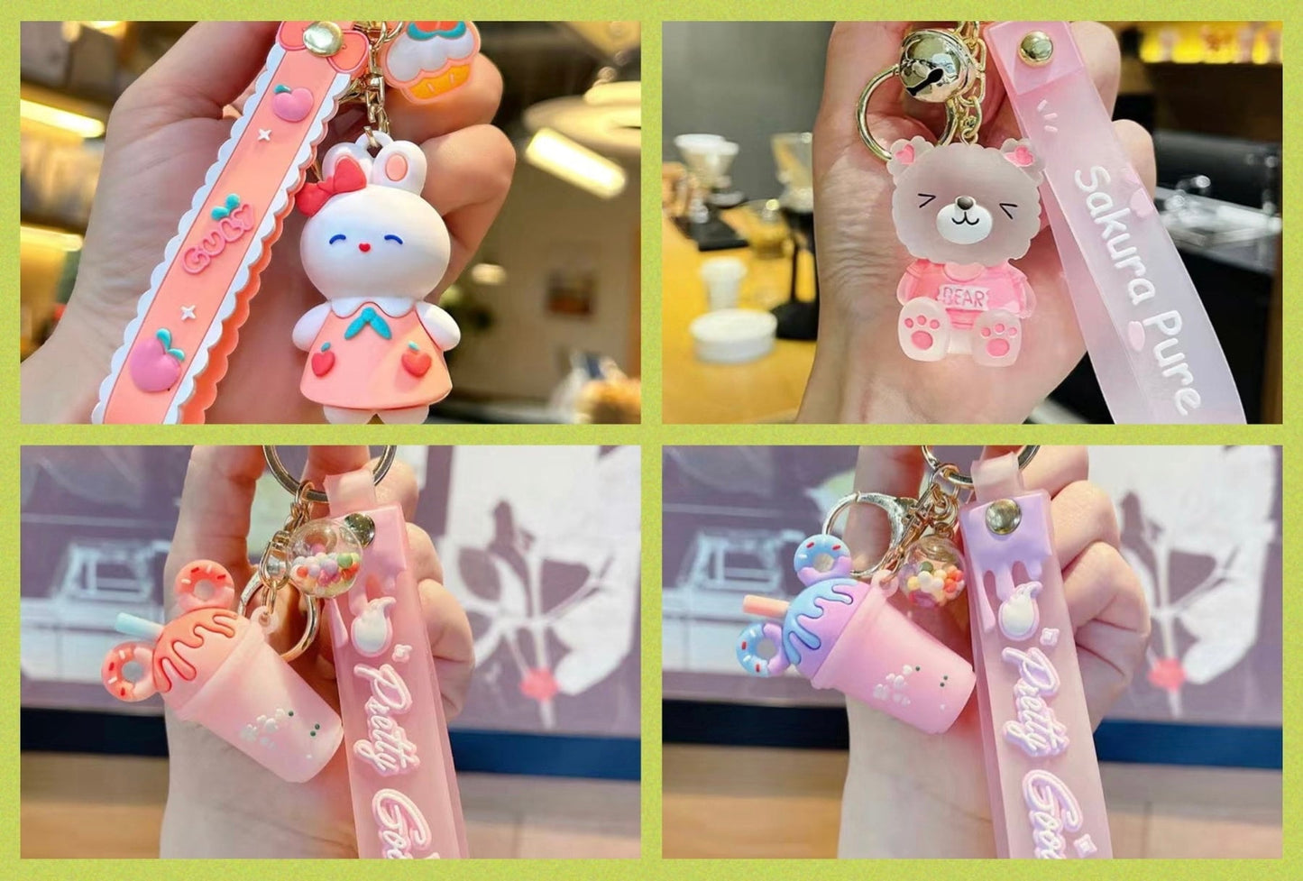 Kawaii Frappucino Keychain | Kawaii Pink Bunny Keychain | Cafe Latte Frappucino Key Ring | Donut Keychain | Pink Teddy Bear  Keychain