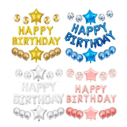 Any Number Happy Birthday Balloon DIY Kit |  Preset Balloons set | White, Rose Gold, Blue, Silver or Gold Choice + Star Balloons + Curtains