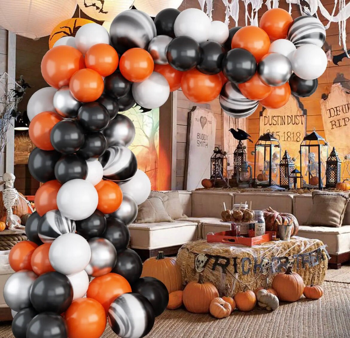 Orange, Agate, Silver, Black,  White 130 Balloons Garland - Halloween Balloon Decoration - Birthday Deco - Retirement Balloon - Welcome Home