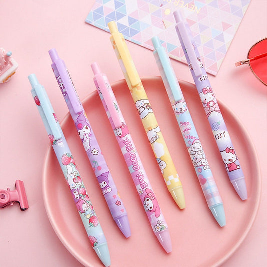 6 pcs Sanrio (Kuromi, Cinnamoroll, Hello Kitty & My Melody) Gel Pens, Black In Gel Ball Pen, Stationery Back to School, Kawaii Pens Set.