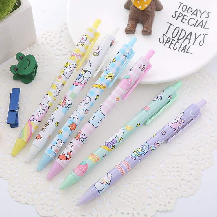Kawaii Black Ink 6 Gel Pens Set – Cute Bunny & Bear Designs, Perfect for Back-to-School, Stationery Collection, and Gifts