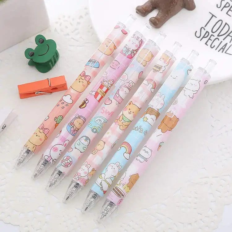 Kawaii Black Ink 6 Gel Pens Set – Assorted Bunny & Bear Designs, Back-to-School Stationery, Cute Gift Set for Kids and Adults