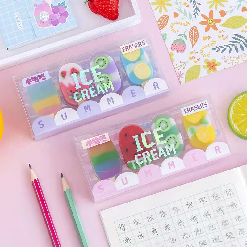 4 pcs fruit ice-cream eraser set | Kids Eraser | Teach Gift | Promotion Gift | Graduation Gift | Food Lovers Gift | Stationery Erasers