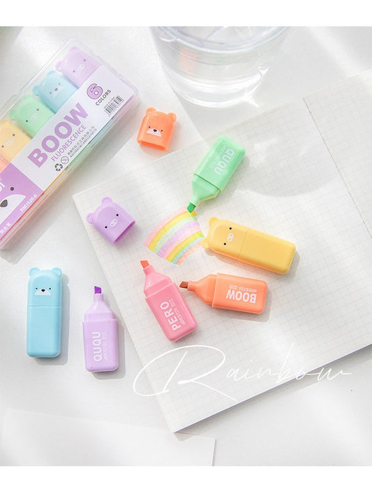 Bear highlighter 6 pens set | Cute bear pens for school | Adorable animal shaped highlighters | Chisel tip bear highlighters school supplies