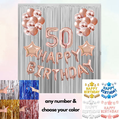 Any Number Happy Birthday Balloon DIY Kit |  Preset Balloons set | White, Rose Gold, Blue, Silver or Gold Choice + Star Balloons + Curtains