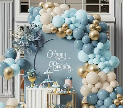 Trendy Boho Dust Blue, Baby Blue, Gold, and Cream Balloon Garland DIY Kit - Babyblue Cream Gold Latex Balloons - Babyshower, Birthday