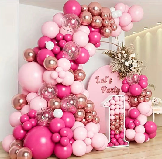 Elegant Baby Pink, Hot Pink & Gold Balloon Garland DIY Kit - 150 balloons 16Ft Length Garland -  Metallic Rose Gold Confetti Latex Balloons