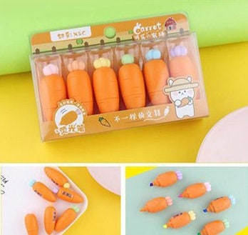 Cute Highlighter 6 pens set | Orange and pink Carrots highlighter pens | Kawaii highlighters | Chisel tip highlighters school supplies