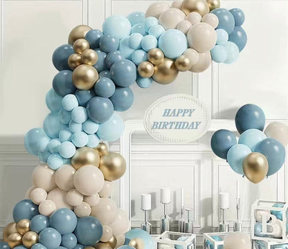 Trendy Boho Dust Blue, Baby Blue, Gold, and Cream Balloon Garland DIY Kit - Babyblue Cream Gold Latex Balloons - Babyshower, Birthday