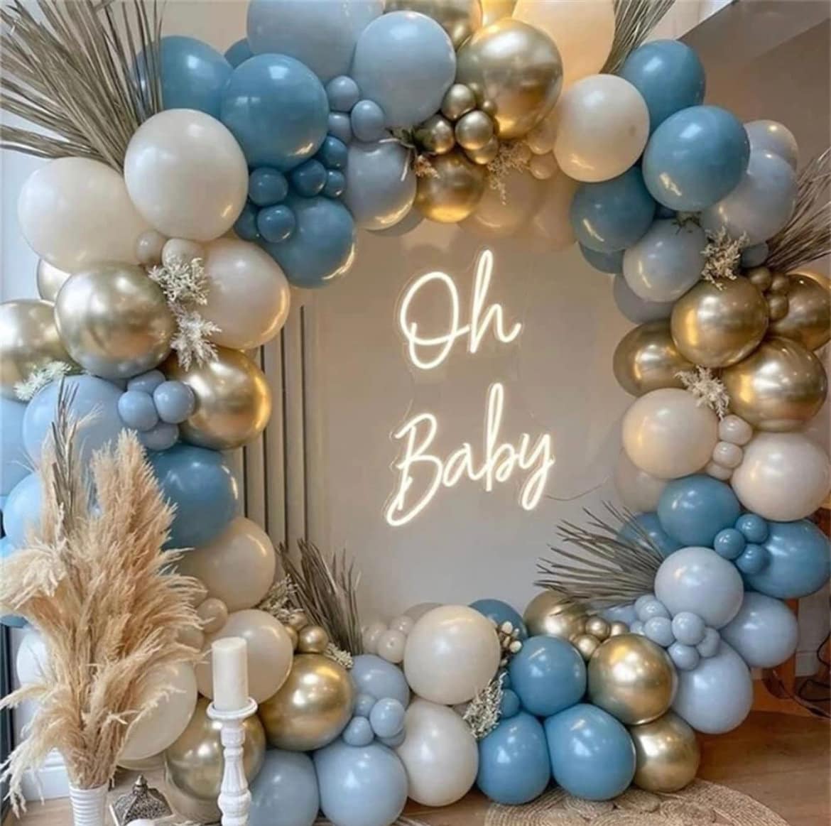 Trendy Boho Dust Blue, Baby Blue, Gold, and Cream Balloon Garland DIY Kit - Babyblue Cream Gold Latex Balloons - Babyshower, Birthday