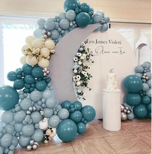 Trendy Boho Dust Blue, Baby Blue, silver, and Cream Balloon Garland DIY Kit - Babyblue Cream Gold Latex Balloons - Babyshower, Birthday