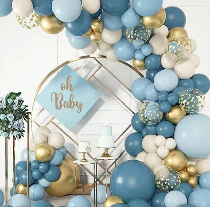 Trendy Boho Dust Blue, Baby Blue, Gold, and Cream Balloon Garland DIY Kit - Babyblue Cream Gold Latex Balloons - Babyshower, Birthday