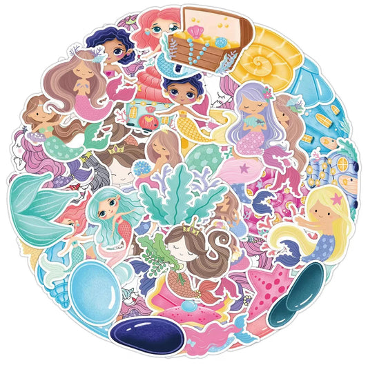 Mermaid Princess Stickers Pack - 50 pcs - Cartoon Style 2 - Gifts & Birthday Favors - Mermaid Theme Vinyl Stickers For Notebooks, Hydro Flasks, Helmets, Laptops, Skateboards