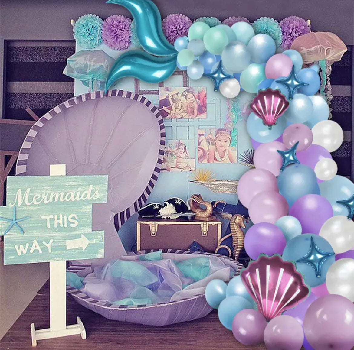 Mermaid Tail Party Theme Balloon Garland - 87 pcs - Deep Sea Ocean Theme Party Decoration Kit - Girl Party Deco - Mermaid Party Decoration Balloon