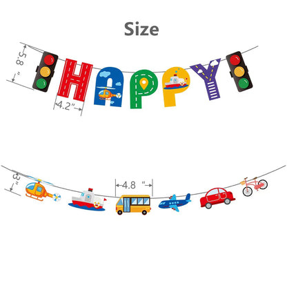 Transportation Birthday Theme Happy Birthday Banner Set of 2 Pieces - Car Or Traffic Zone Theme Party Decorations