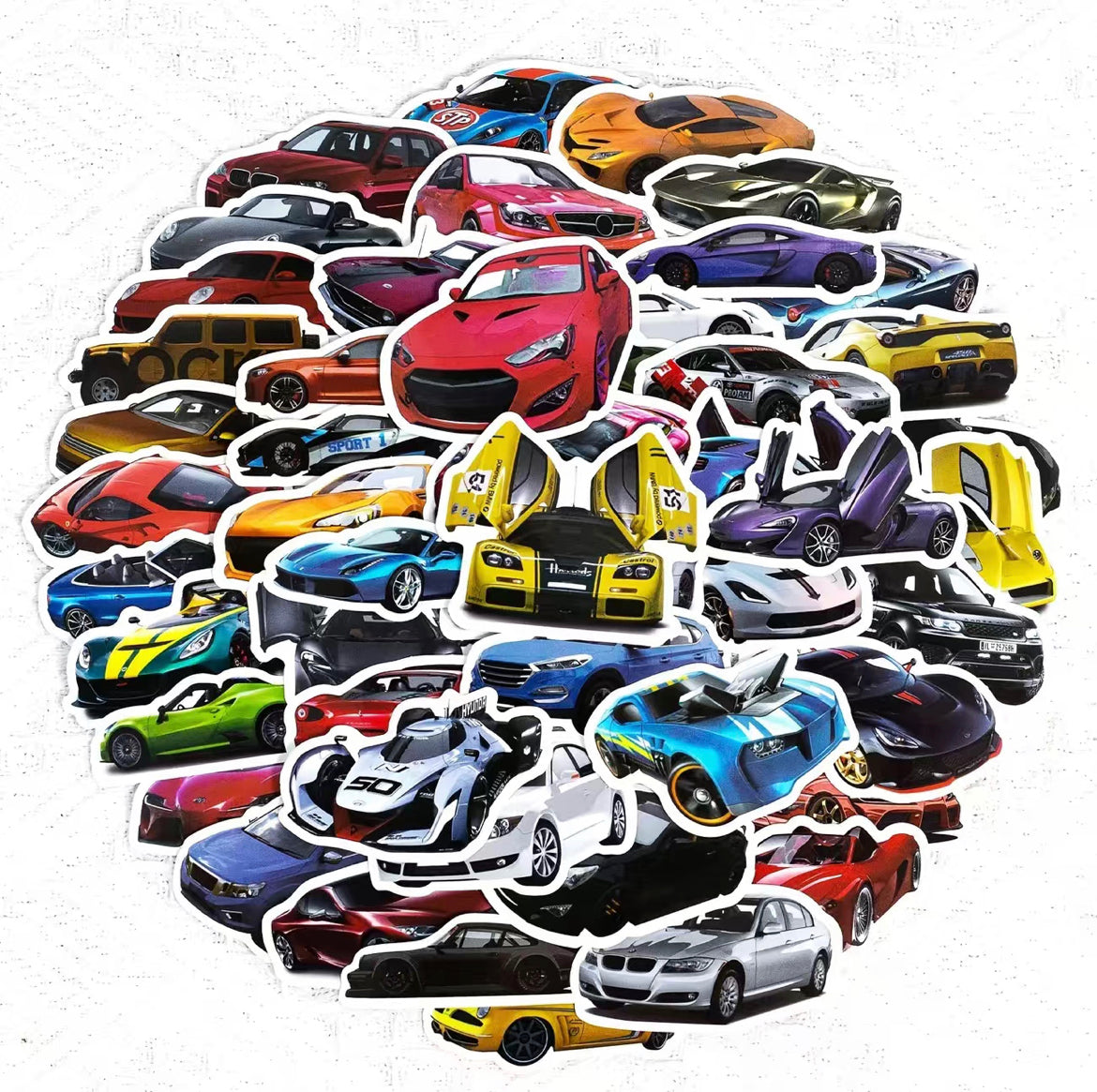 Sport Cars Stickers Pack - 50 pcs - Gifts & Birthday Favors - Sport Car Vinyl Stickers For Notebooks, Hydro Flasks, Helmets, Laptops, Skateboards