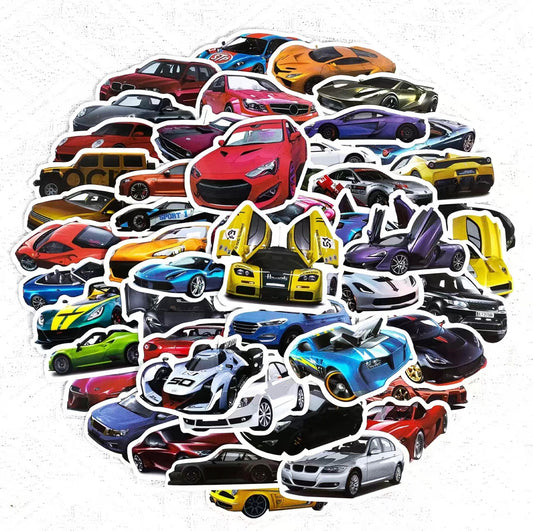 Sport Cars Stickers Pack - 50 pcs - Gifts & Birthday Favors - Sport Car Vinyl Stickers For Notebooks, Hydro Flasks, Helmets, Laptops, Skateboards