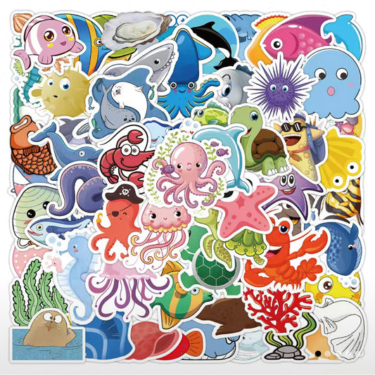 Ocean / Sea Animal Stickers Pack - 50 pcs - Cartoon Style  - Gifts & Birthday Favors - Sea Animal Theme Vinyl Stickers For Notebooks, Hydro Flasks, Helmets, Laptops, Skateboards