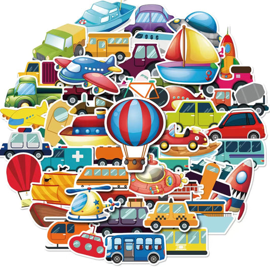 Transportation Stickers Pack - 50 pcs - Cartoon Style 1 - Gifts & Birthday Favors - Vehicle Vinyl Stickers For Notebooks, Hydro Flasks, Helmets, Laptops, Skateboards