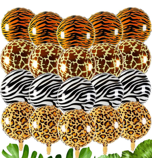 Animal Print Balloon Set - 22" For Forest & Jungle Theme Party - Set of 20 Balloons in 4 Styles - Zebra, Cheetah, Tiger, Giraffe Round Balloons