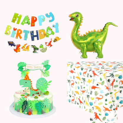 Dinosaur Party Tableware Kit - 18 pcs - Banner, 32" Self-stand Dino Balloon, Cake Topper, Tablecloth.