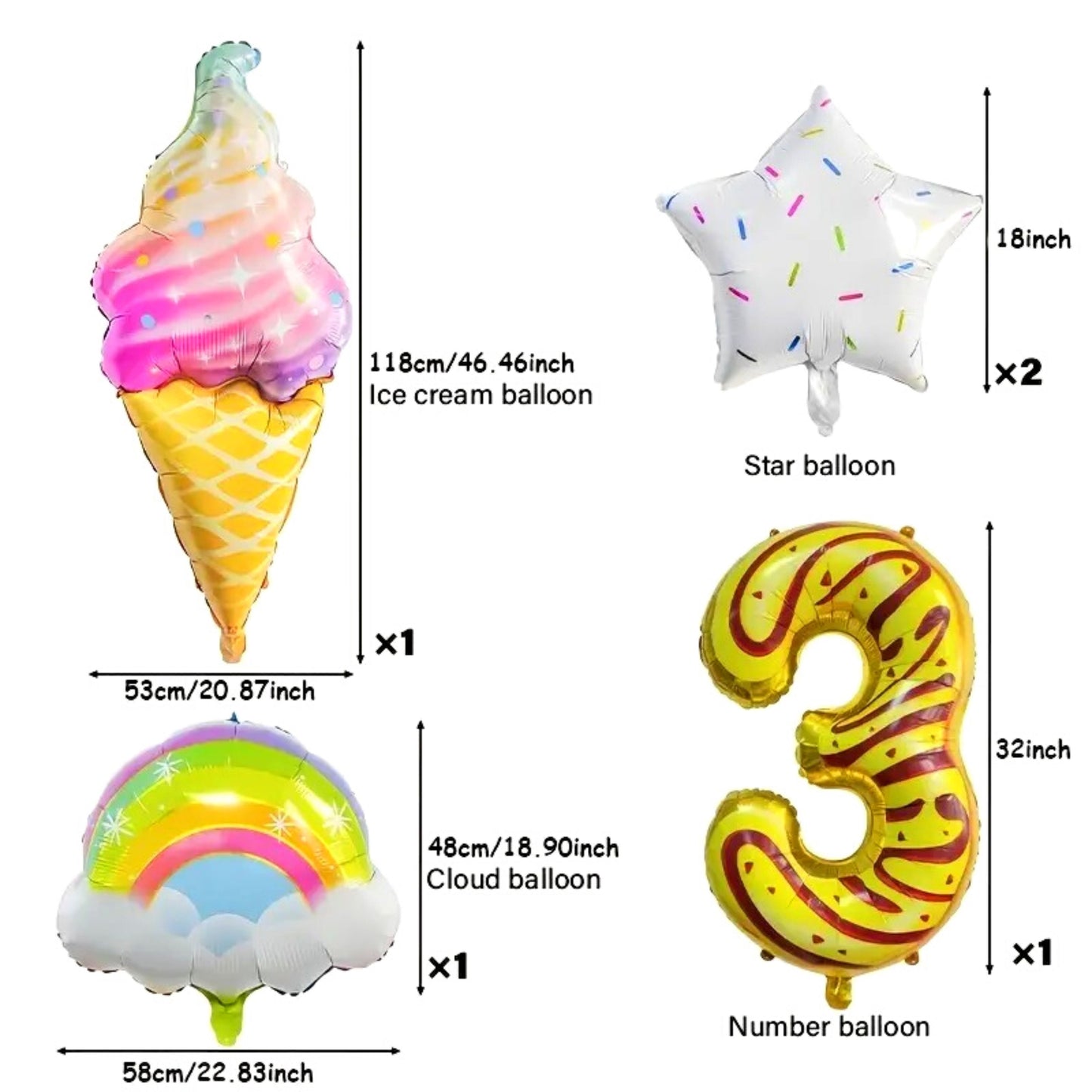 Ice-cream Birthday Balloons - Set of 5 items - Choose the number of your choice - Helium Supported