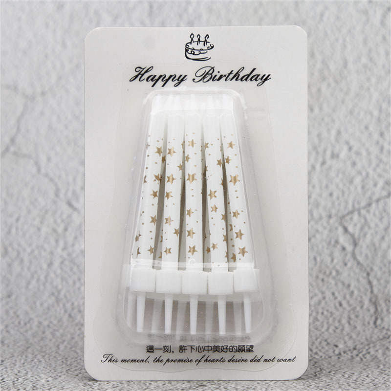 White & Golden Stars Happy Birthday Candles Set - 10 pcs - Can Be Used As Cake Toppers