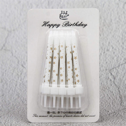 White & Golden Stars Happy Birthday Candles Set - 10 pcs - Can Be Used As Cake Toppers