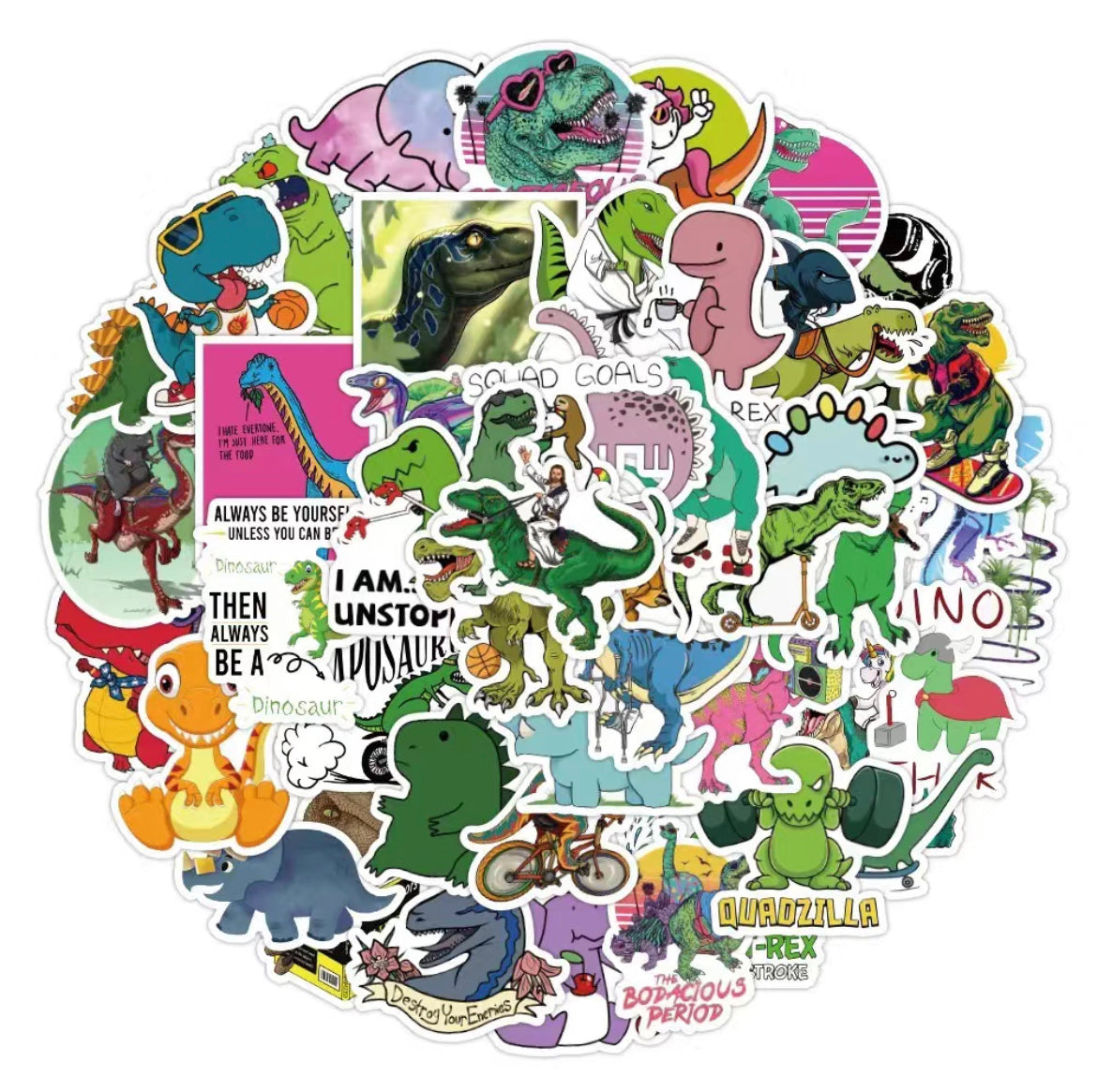 Dinosaur Stickers Pack - 50 pcs - Cartoon & Text Style - Gifts & Birthday Favors - Vinyl Stickers For Notebooks, Hydro flasks, Helmets, Laptops, Skateboards