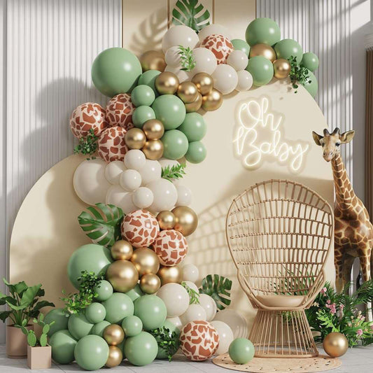 Forest Theme Boho Green Matte Balloon Garland - Giraffe Print Foil Balloons - Party Decoration Supplies - Baby Shower Balloon Garland Kit - BUNDLE - 137 pcs