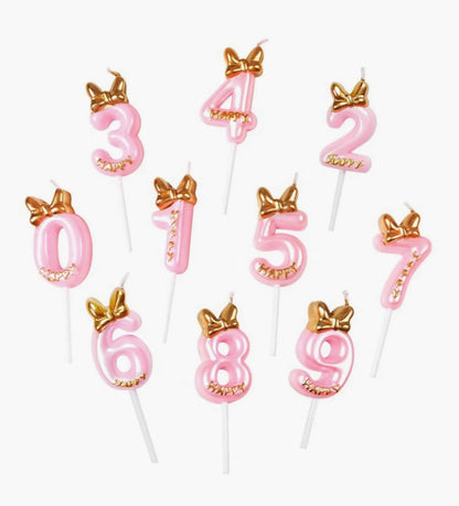 Pink and Gold Bow Happy Birthday Candles / Number Candles Can Be Used As Cake Toppers