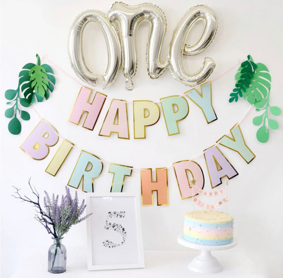 Rainbow Macaron Soft Colorful Birthday Banner - Golden Style - Trendy Theme Decoration