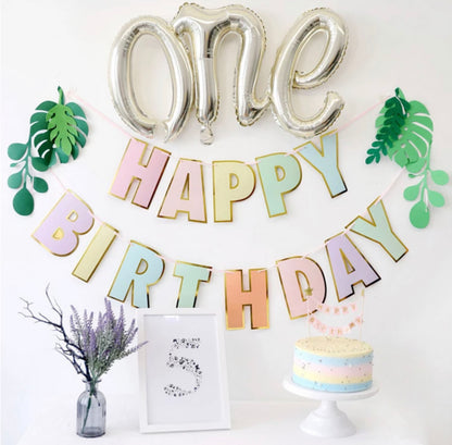 Rainbow Macaron Soft Colorful Birthday Banner - Golden Style - Trendy Theme Decoration