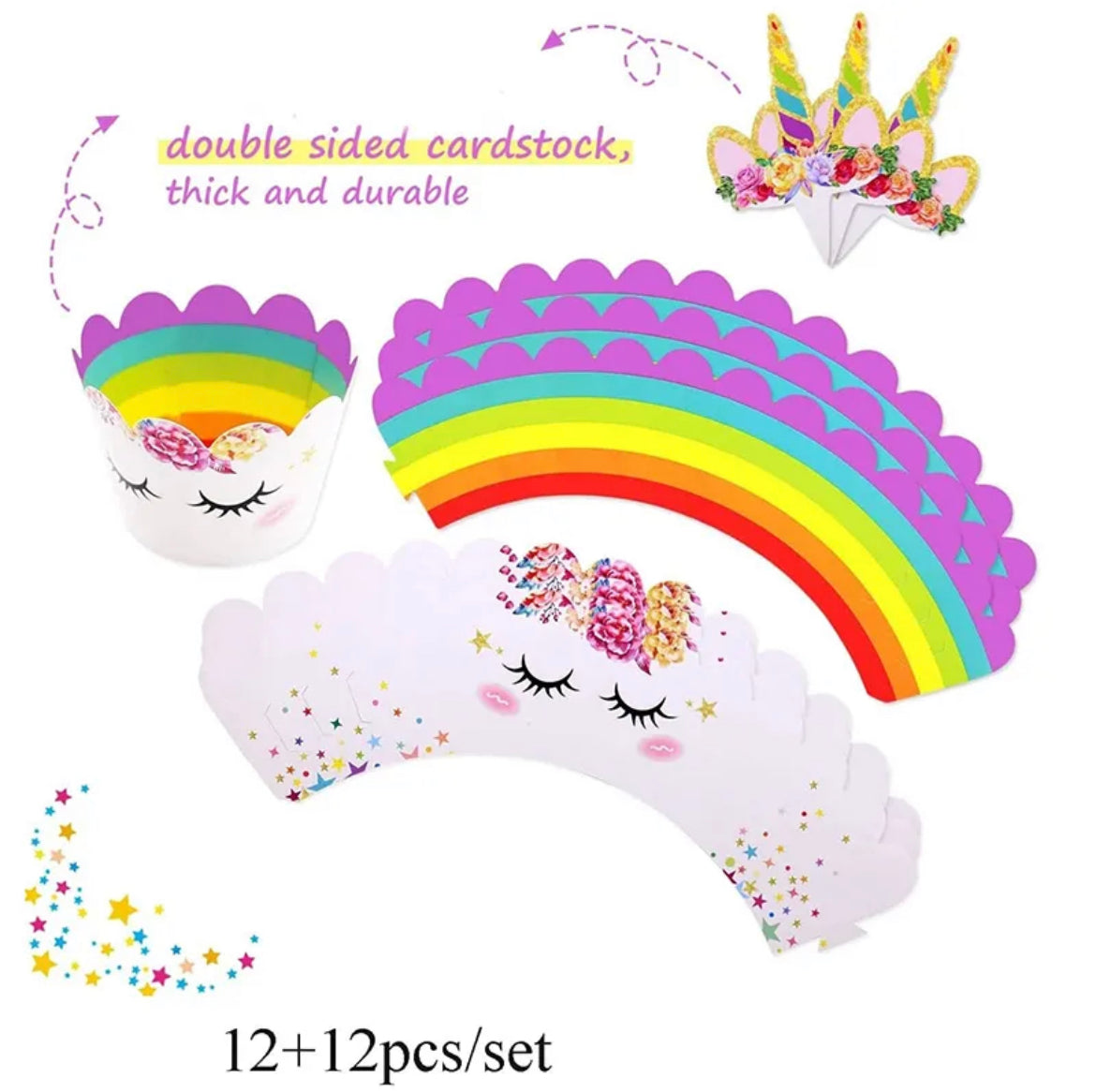 Unicorn-themed Birthday Double-sided Cupcake Holders - Set of 12 - Unicorn-themed Party Decoration