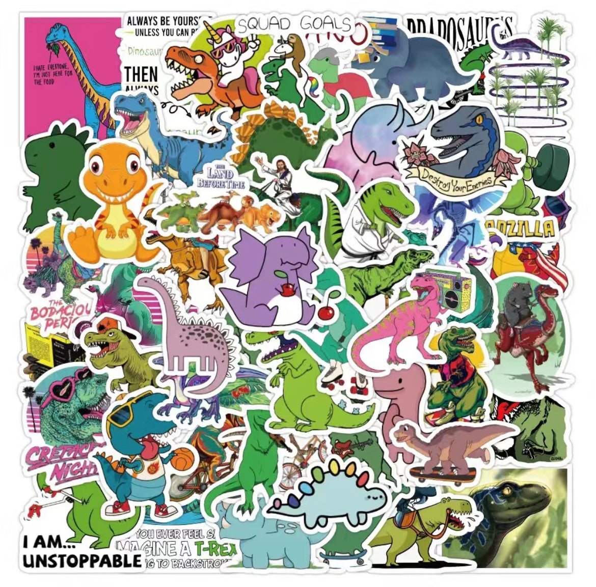 Dinosaur Stickers Pack - 50 pcs - Cartoon & Text Style - Gifts & Birthday Favors - Vinyl Stickers For Notebooks, Hydro flasks, Helmets, Laptops, Skateboards