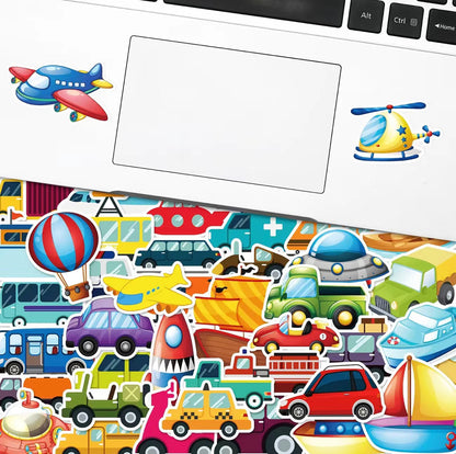 Transportation Stickers Pack - 50 pcs - Cartoon Style 1 - Gifts & Birthday Favors - Vehicle Vinyl Stickers For Notebooks, Hydro Flasks, Helmets, Laptops, Skateboards